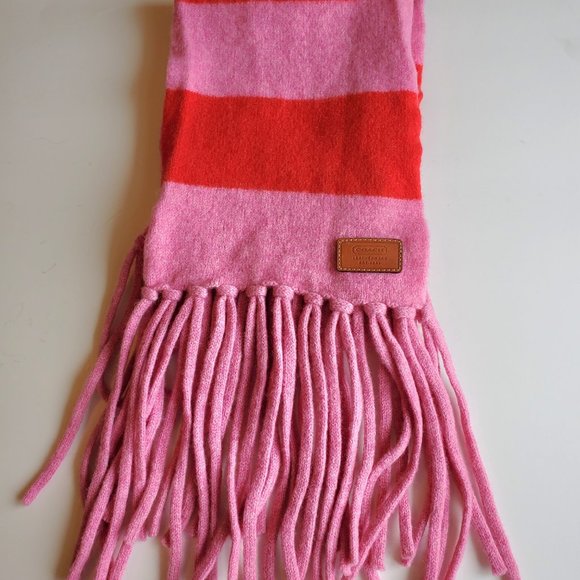 Coach Leatherware Fringed Wool Scarf in Pink and Red Stripes - Picture 4 of 5
